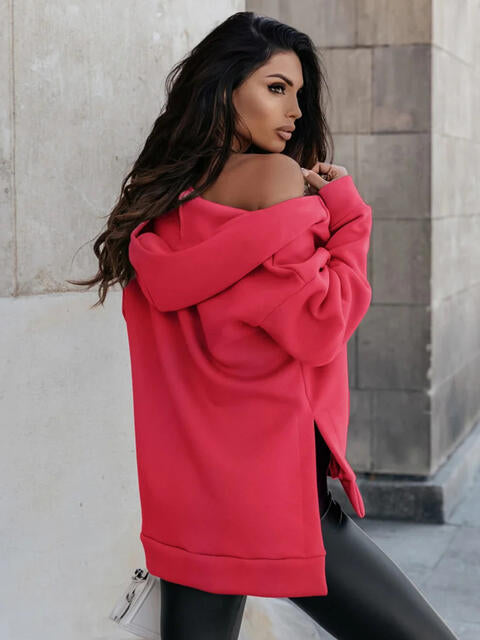 Zip-Up Slit Hoodie with Pockets - Ladyez