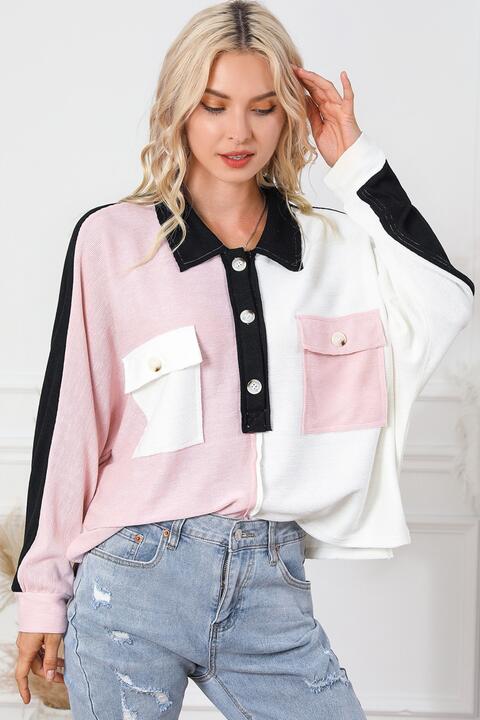 Multicolor Button-Down Long Sleeve Blouse - Ladyez