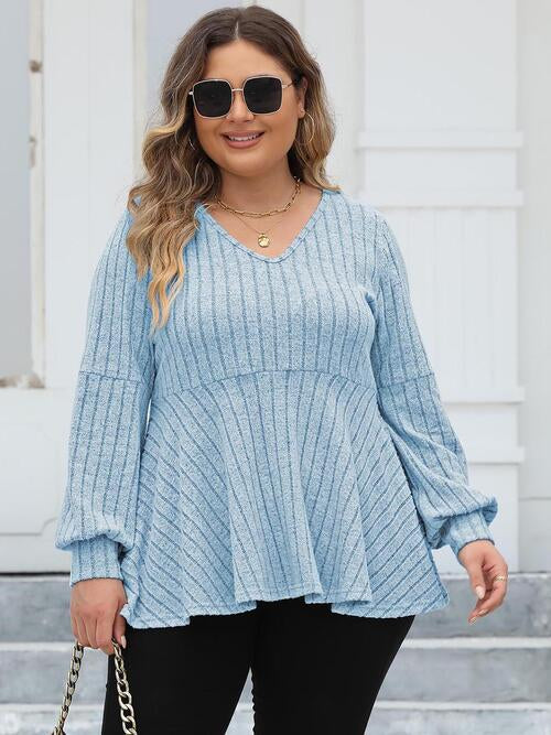 Plus Size Ribbed V-Neck Long Sleeve Blouse - Ladyez