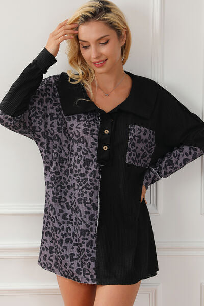 Half Button Leopard Collared Neck Blouse - Ladyez