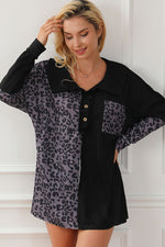 Half Button Leopard Collared Neck Blouse - Ladyez