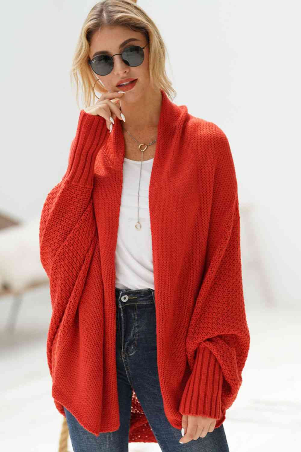 Double Take Dolman Sleeve Open Front Ribbed Trim Longline Cardigan - Ladyez