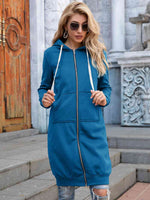 Zip-Up Longline Hoodie with Pockets - Ladyez