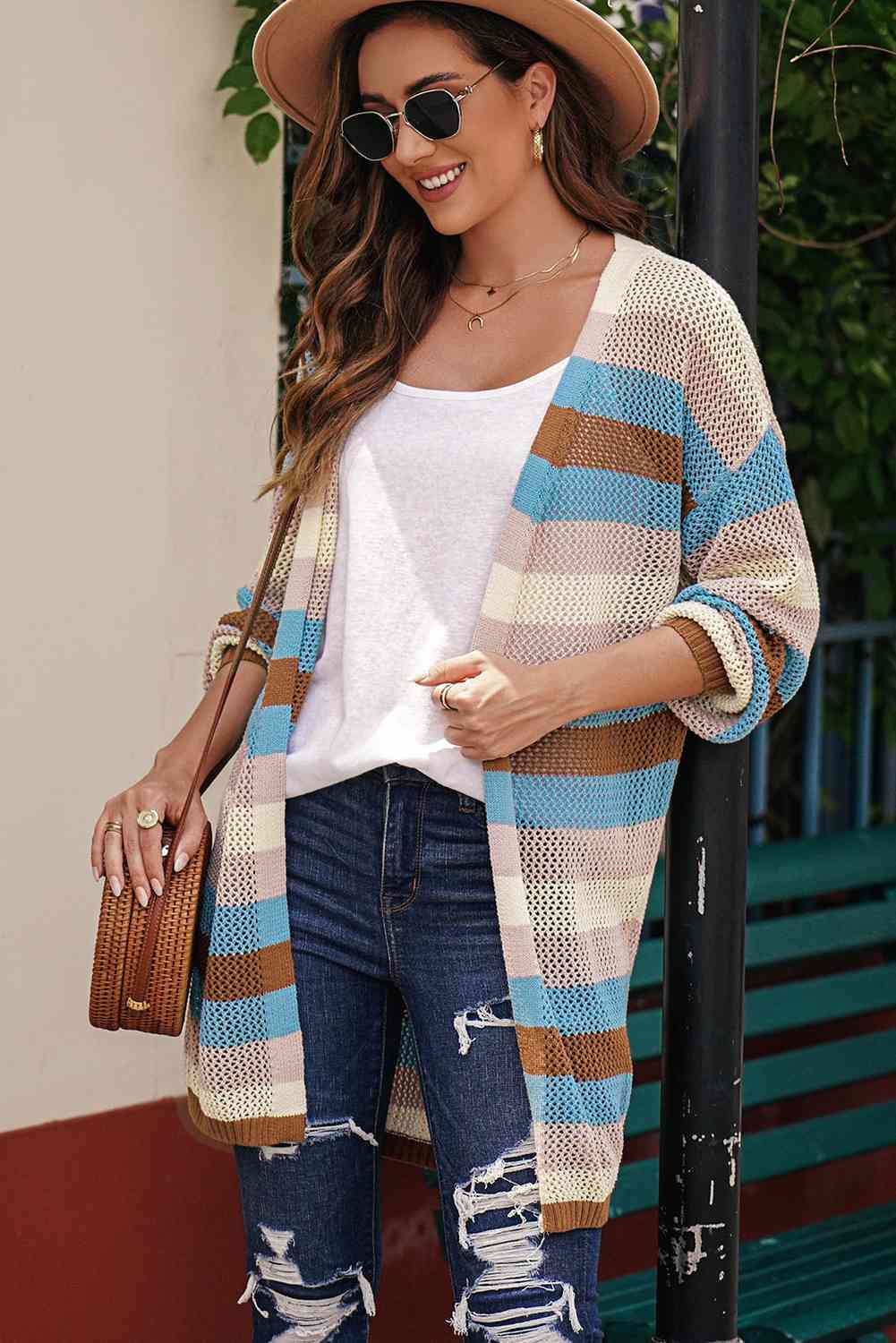 Full Size Striped Long Sleeve Openwork Cardigan - Ladyez