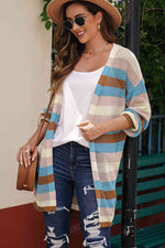 Full Size Striped Long Sleeve Openwork Cardigan - Ladyez