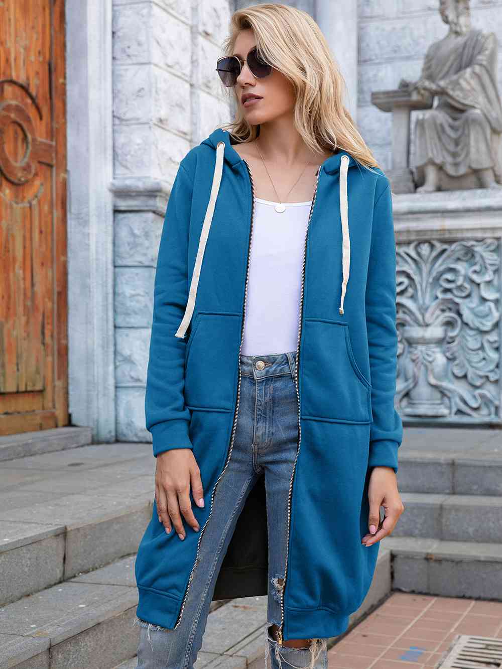 Zip-Up Longline Hoodie with Pockets - Ladyez