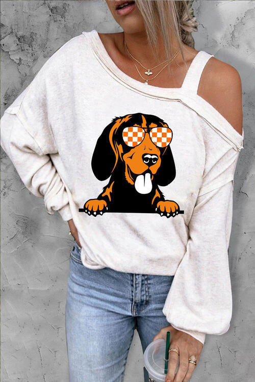 Graphic Asymmetrical Neck Long Sleeve Top - Ladyez
