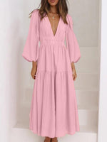 Deep V-Neck Balloon Sleeve Plain Maxi Dress - Ladyez