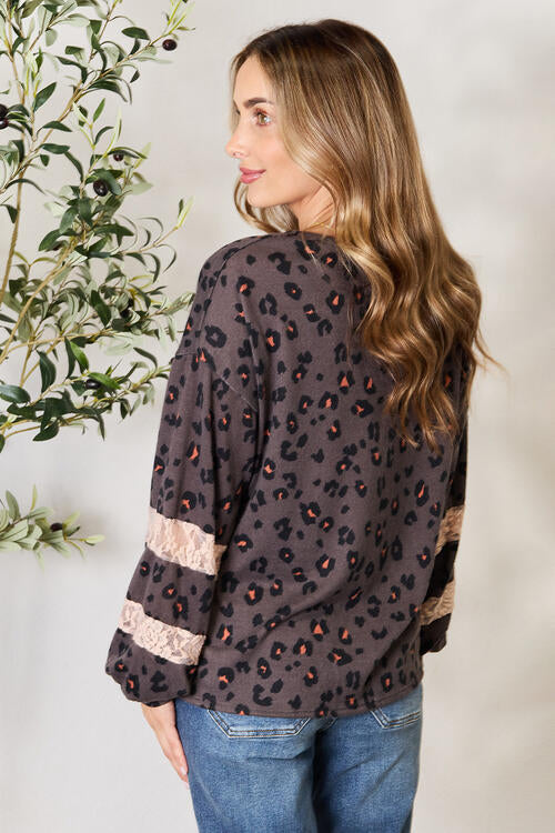 Jade By Jane Full Size Leopard Lace Detail Blouse - Ladyez