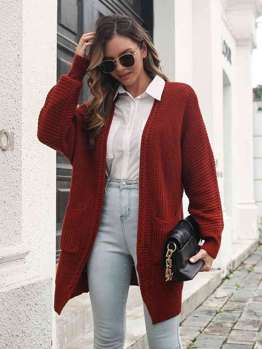 Open Front Rib-Knit Cardigan with Pockets - Ladyez