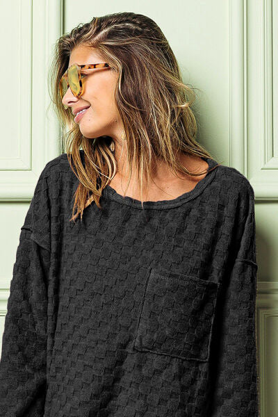 BiBi Checkered Round Neck Exposed Seam Top - Ladyez