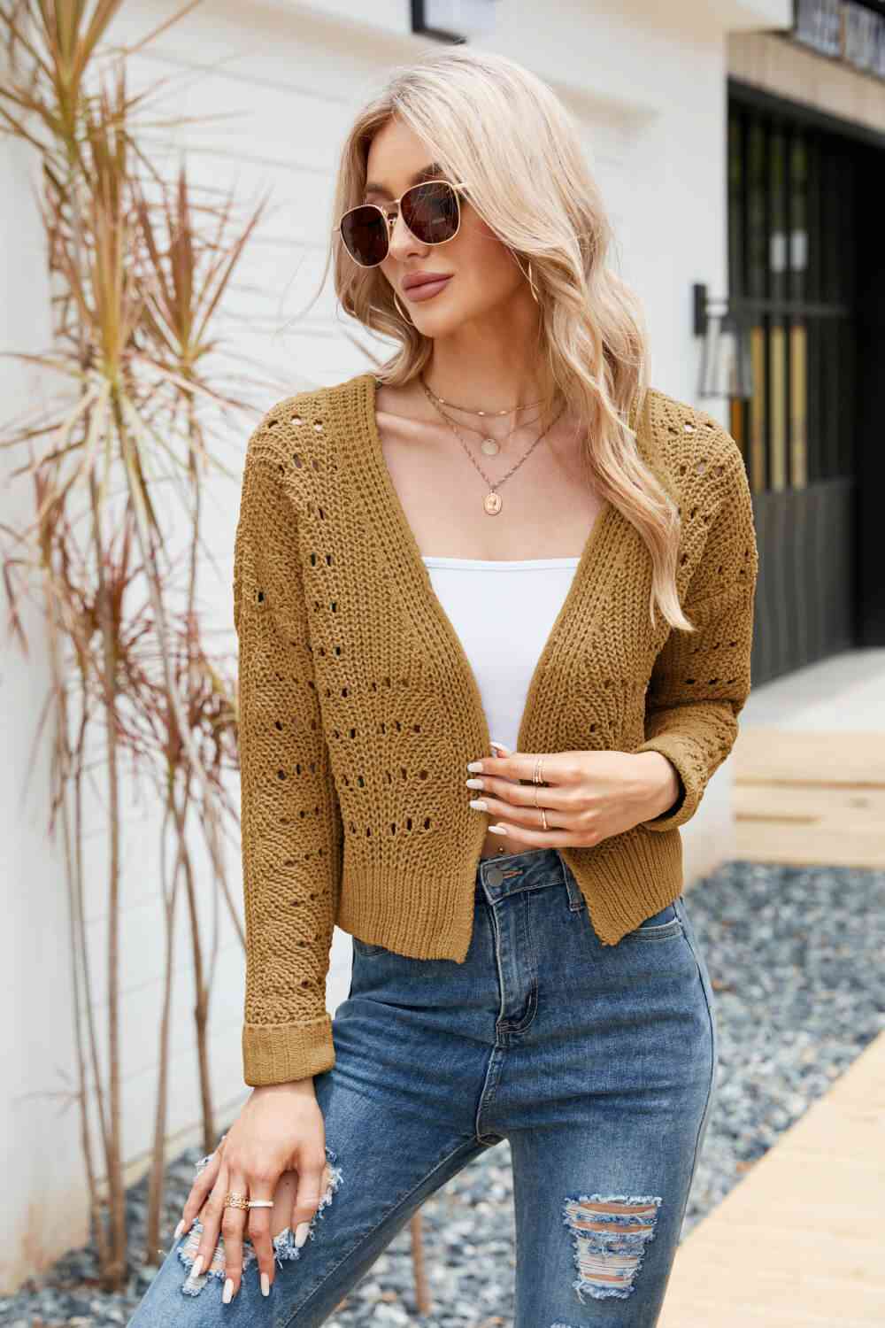 Open Front Cuffed Cropped Cardigan - Ladyez