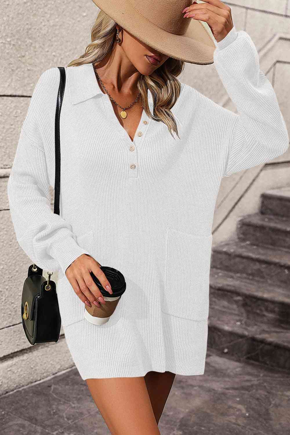 Johnny Collar Drop Shoulder Sweater Dress - Ladyez