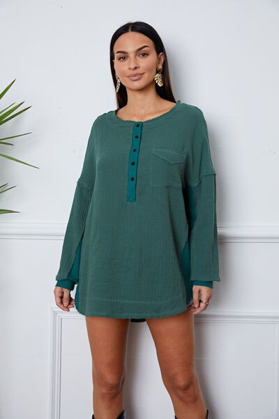 Half Button Up Round Neck Blouse - Ladyez