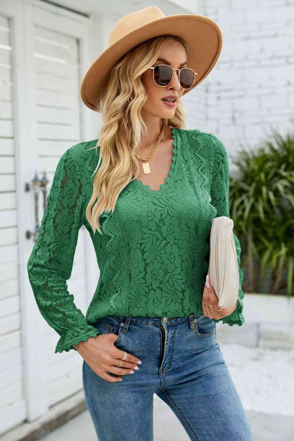 V-Neck Flounce Sleeve Lace Top - Ladyez