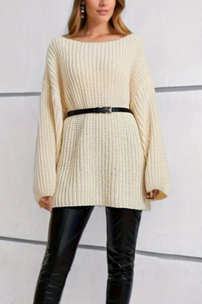 Boat Neck Dropped Shoulder Mini Sweater Dress - Ladyez