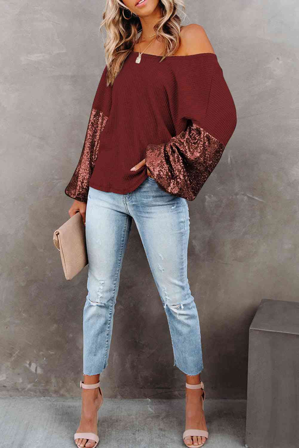 Sequin Waffle-Knit Blouse - Ladyez