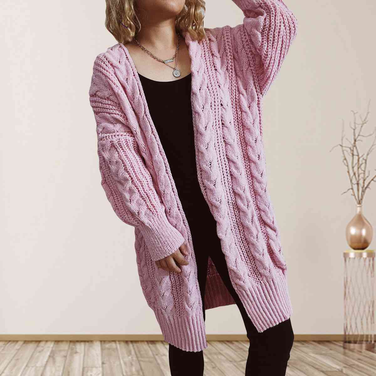 Cable-Knit Open Front Dropped Shoulder Cardigan - Ladyez