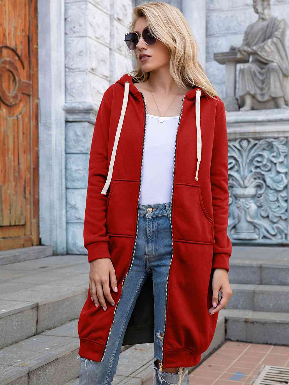 Zip-Up Longline Hoodie with Pockets - Ladyez