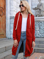 Zip-Up Longline Hoodie with Pockets - Ladyez