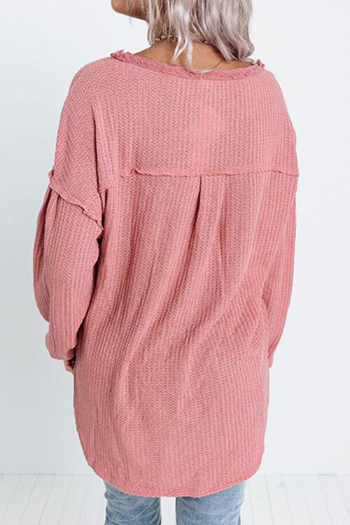 Half Button Raw Hem Long Sleeve Blouse - Ladyez