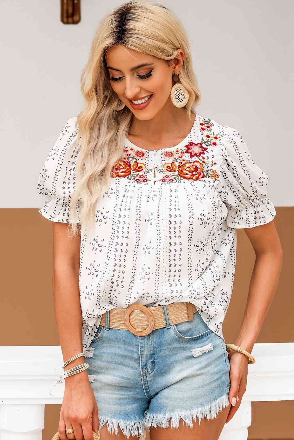 Embroidered Round Neck Flounce Sleeve Blouse - Ladyez