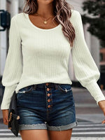 Ribbed Round Neck Lantern Sleeve Knit Top - Ladyez