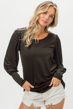 BiBi Round Neck Polka Dot Lantern Sleeve Top - Ladyez