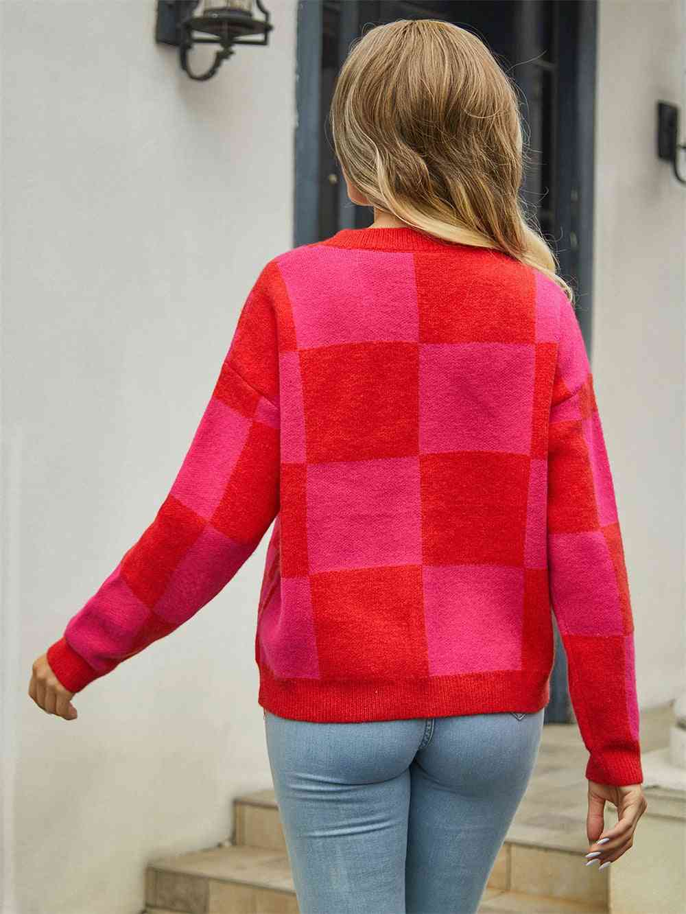 Plaid V-Neck Dropped Shoulder Cardigan - Ladyez