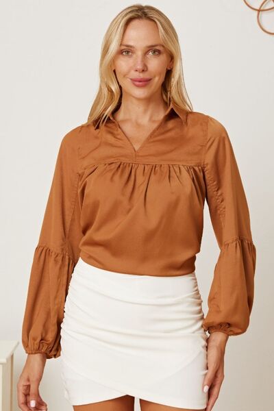Balloon Sleeve Collared Neck Blouse - Ladyez