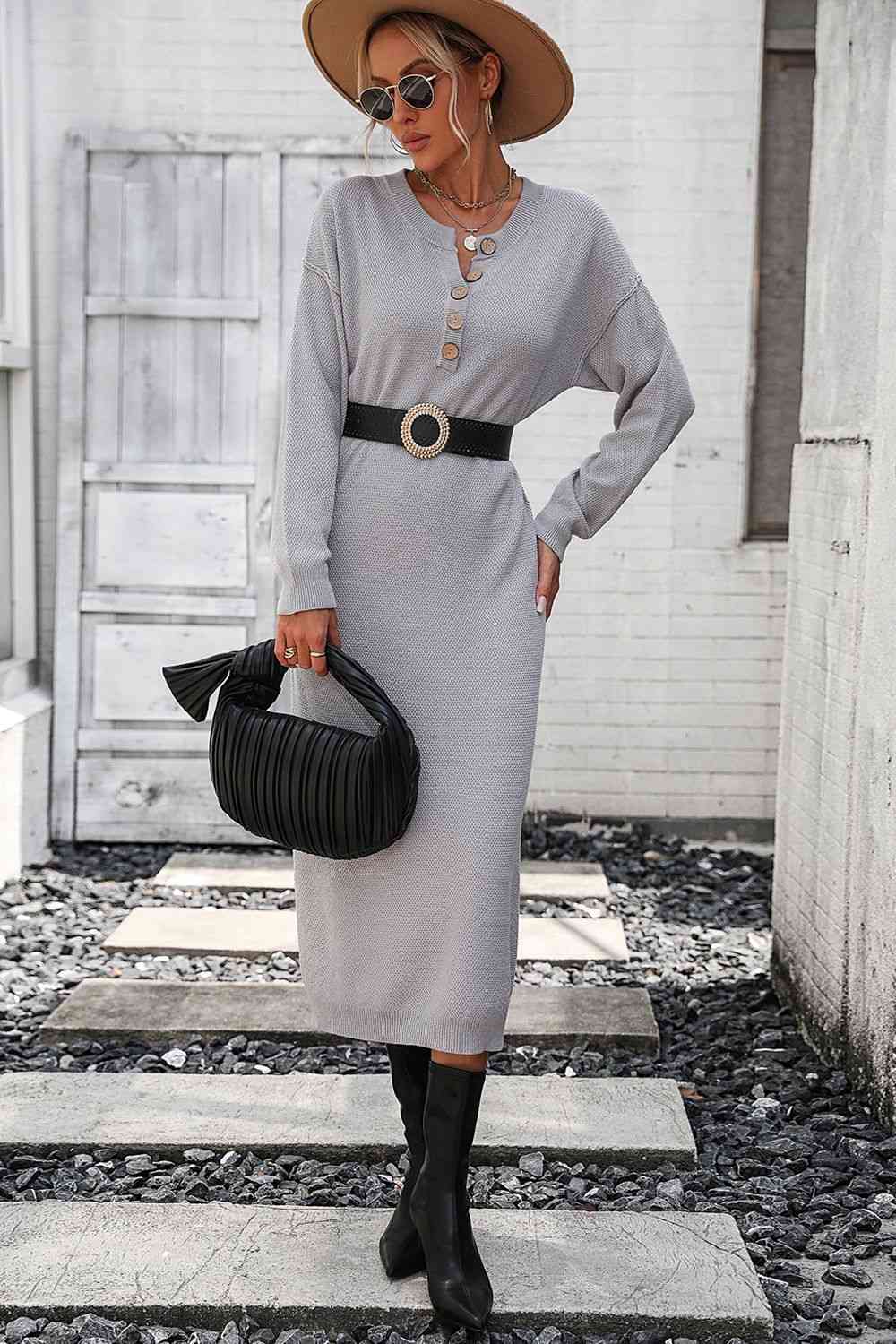 Notched Neck Dropped Shoulder Button-Down Midi Dress - Ladyez