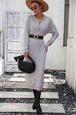 Notched Neck Dropped Shoulder Button-Down Midi Dress - Ladyez