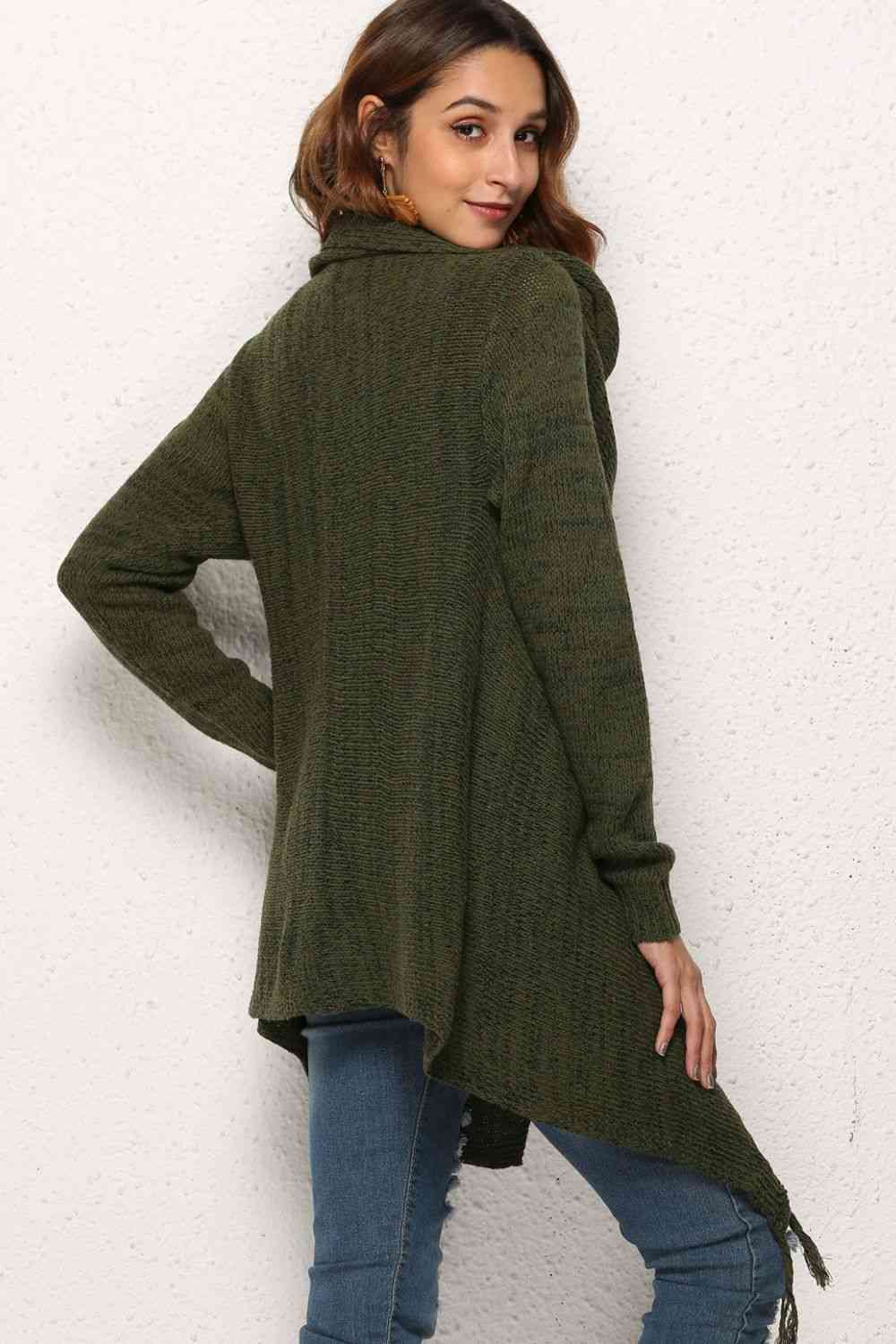 One-Button Tassel Tie Asymmetrical Hem Cardigan - Ladyez