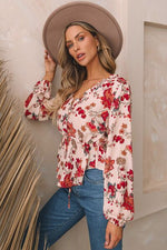 Floral V-Neck Drawstring Peplum Blouse - Ladyez