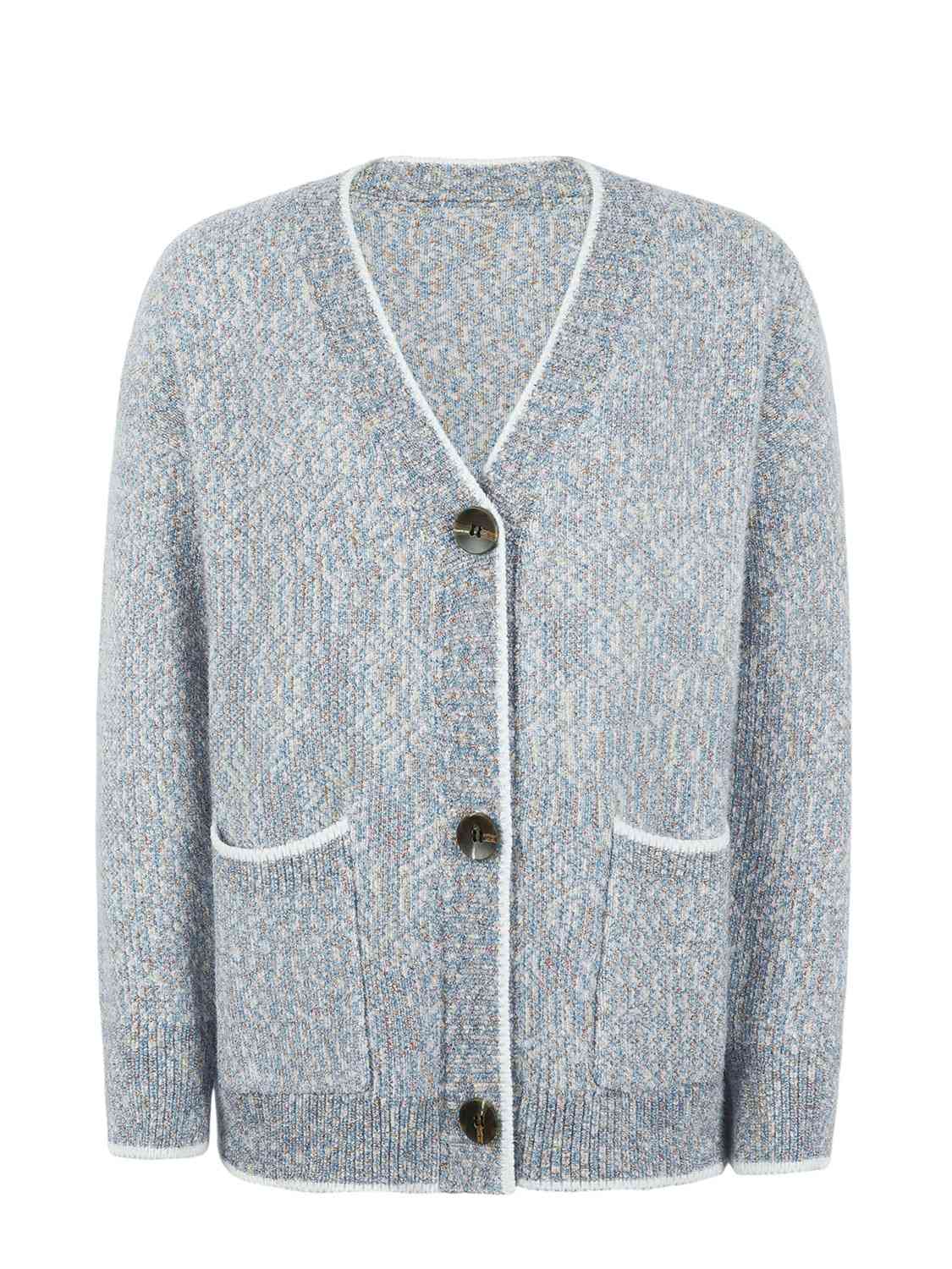 Button Down V-Neck Cardigan with Pockets - Ladyez