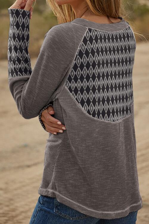 Geometric Round Neck Long Sleeve Top - Ladyez