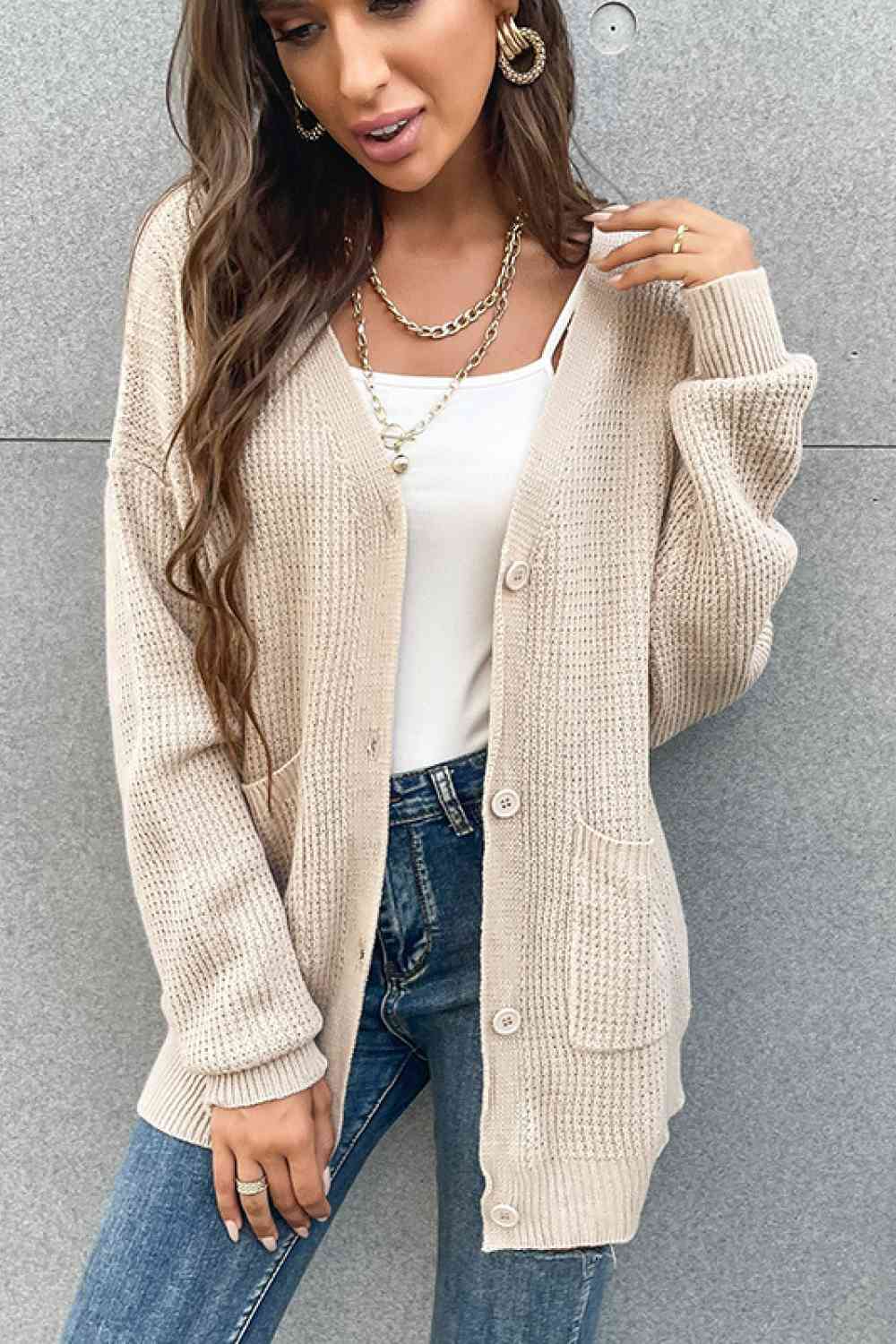 Button Front Drop Shoulder Waffle Cardigan - Ladyez