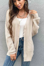 Button Front Drop Shoulder Waffle Cardigan - Ladyez