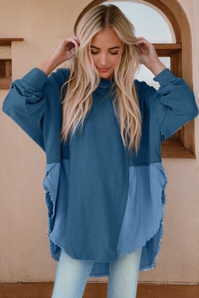 Contrast Texture Round Neck Long Sleeve Blouse - Ladyez