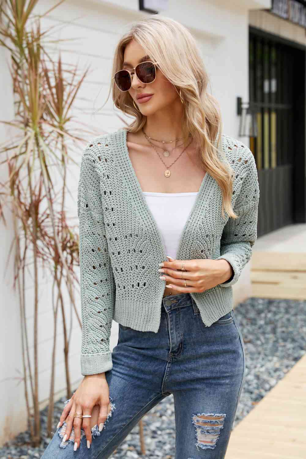 Open Front Cuffed Cropped Cardigan - Ladyez