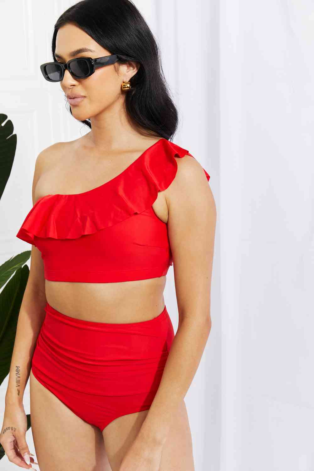 Marina West Swim Seaside Romance Ruffle One-Shoulder Bikini in Red - Ladyez