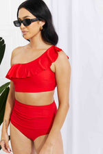 Marina West Swim Seaside Romance Ruffle One-Shoulder Bikini in Red - Ladyez