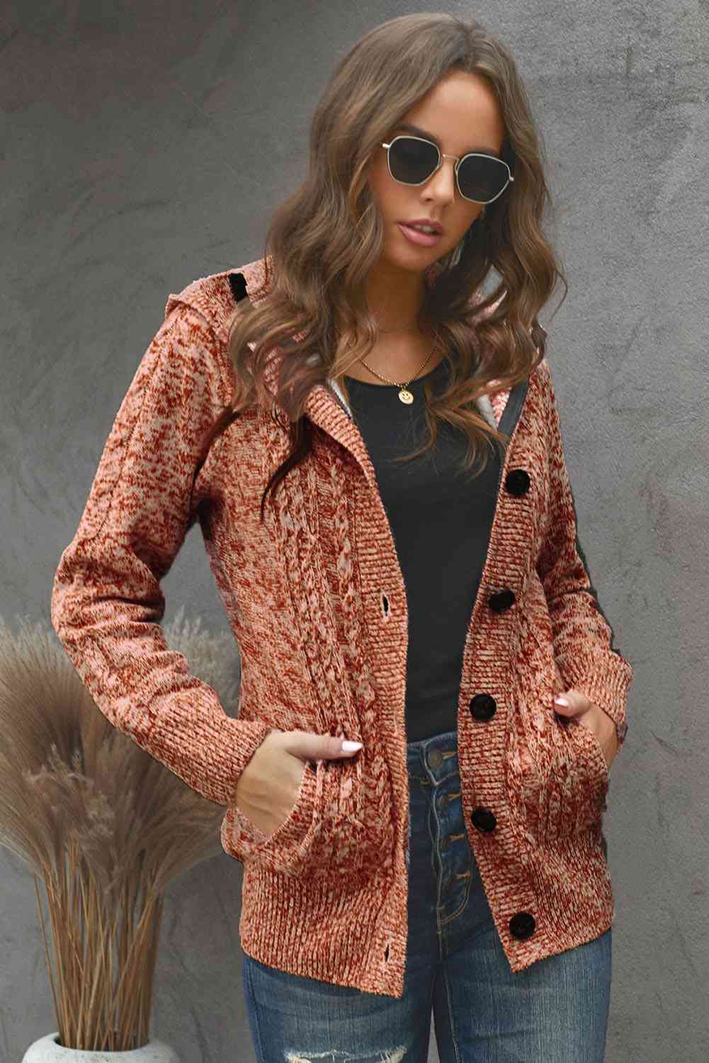 Cable-Knit Fleece Lining Button-Up Hooded Cardigan - Ladyez