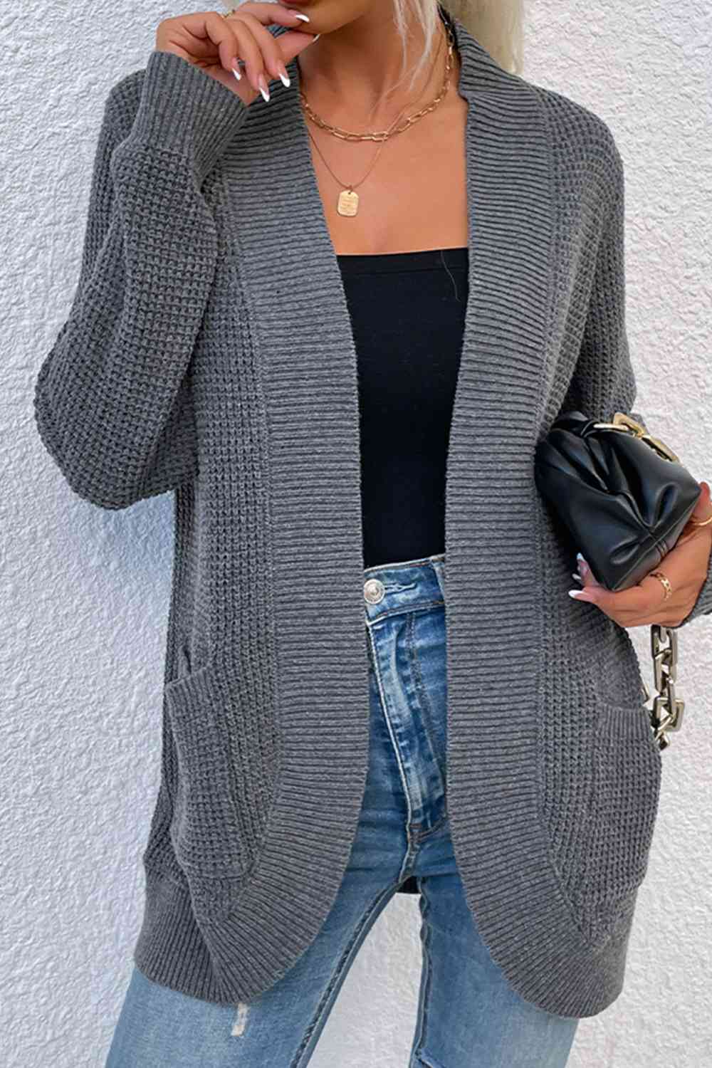 Open Front Rib-Knit Cardigan with Pockets - Ladyez