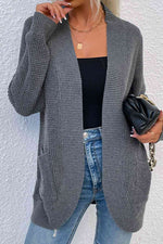 Open Front Rib-Knit Cardigan with Pockets - Ladyez