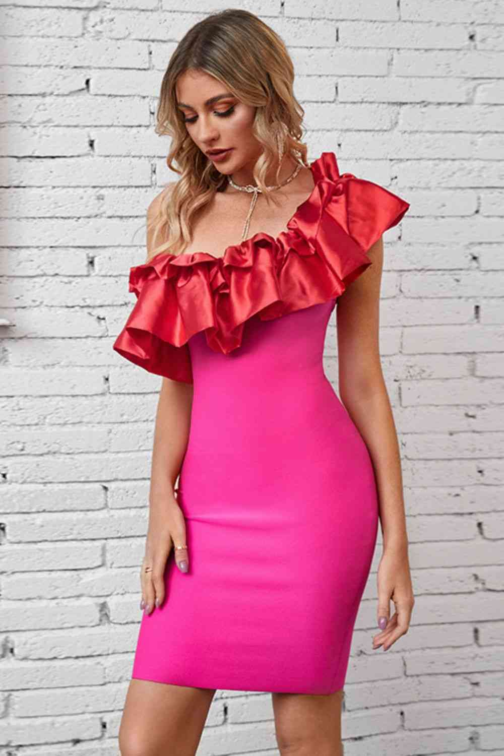 Ruffled One-Shoulder Bodycon Dress - Ladyez