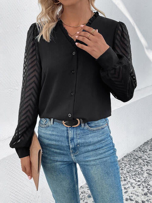 Mesh V-Neck Button Front Blouse - Ladyez