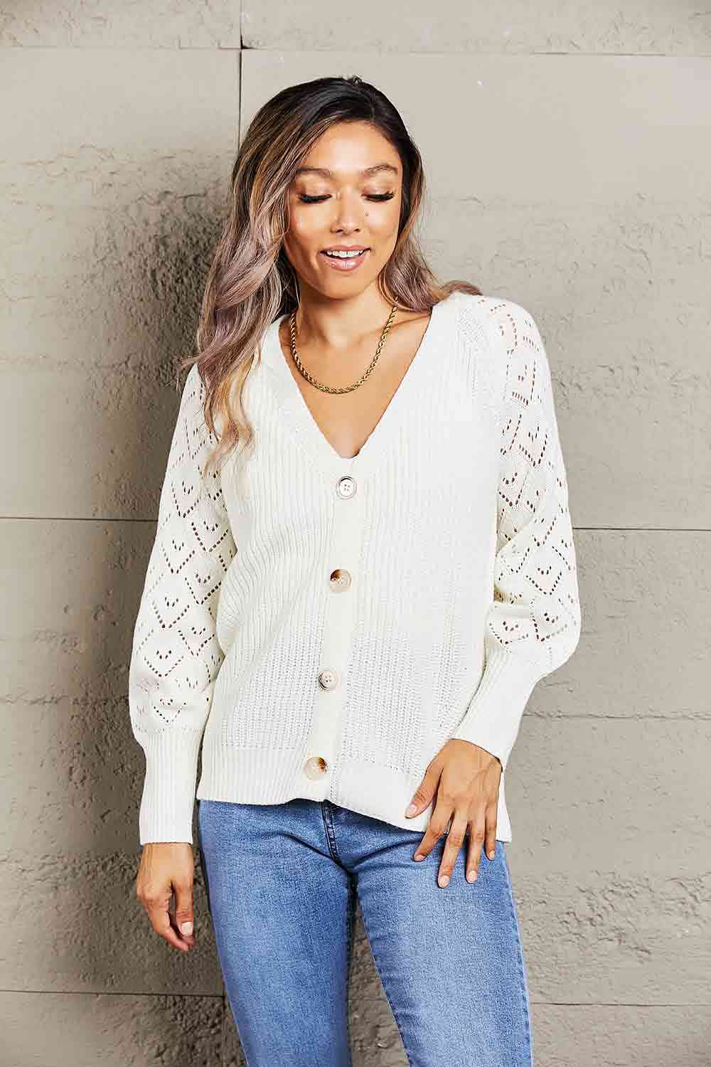 Double Take Rib-Knit Plunge Raglan Sleeve Cardigan - Ladyez