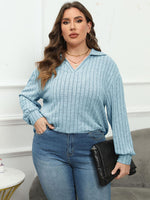 Plus Size Ribbed Collared Neck Long Sleeve Blouse - Ladyez