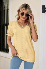 Eyelet Flounce Sleeve Scalloped V-Neck Top - Ladyez